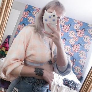 cropped two tone plaid peach/blue cardigan | UO